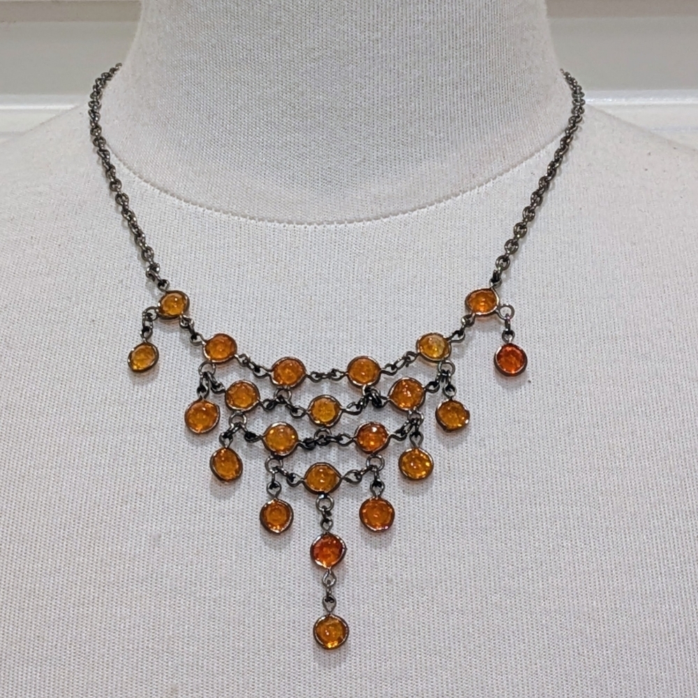 NWT Beckwoman 18" Orange Gemstone Oxidized Silvertone Drop Necklace